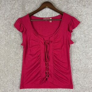 Willow + Root Ribbed Lace Up Ruffle Cap Sleeve Top Red Medium